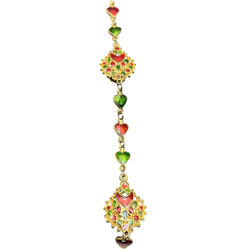 Vintage Hair Braid‎ Jewelry Red Green Enamel Hearts Chain Accessory Holiday
